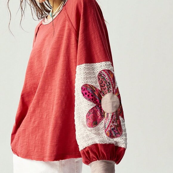 Pink Casual Women's Boho Knit Patchwork Lantern Sleeve Colorful Floral T-Shirt - Picture 2 of 7